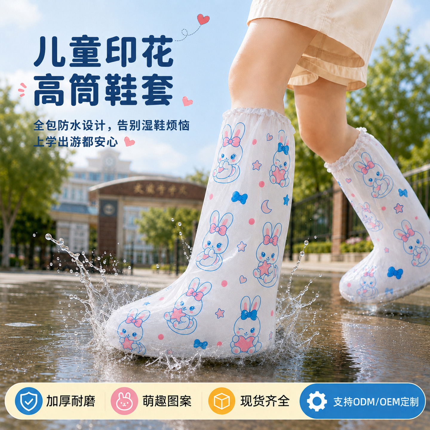 PE children's rain shoe covers with cartoon print, thickened for outdoor hiking, portable waterproof rain shoe covers, available for dropshipping