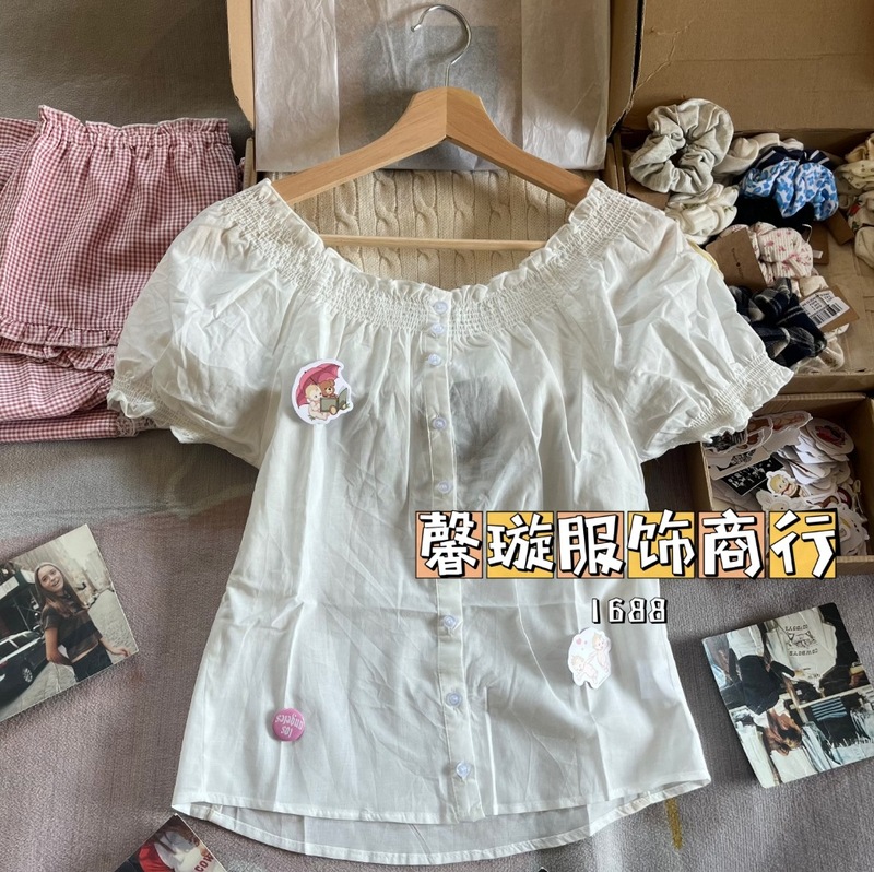 BM风 新款松紧花边泡泡袖短袖衬衫bm修身显瘦百搭花苞一字肩小衫|undefined