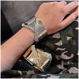 欧美时尚夸张冷淡风个性撕裂金属质感镶钻合金开口手镯饰品 3740