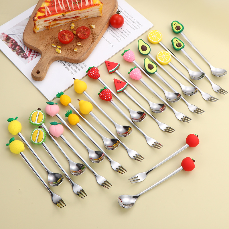 Productos transfronterizos 304 cucharas de acero inoxidable, cucharas de café, patrón de fruta, pastel, postre, cucharas y tenedores, set de regalo