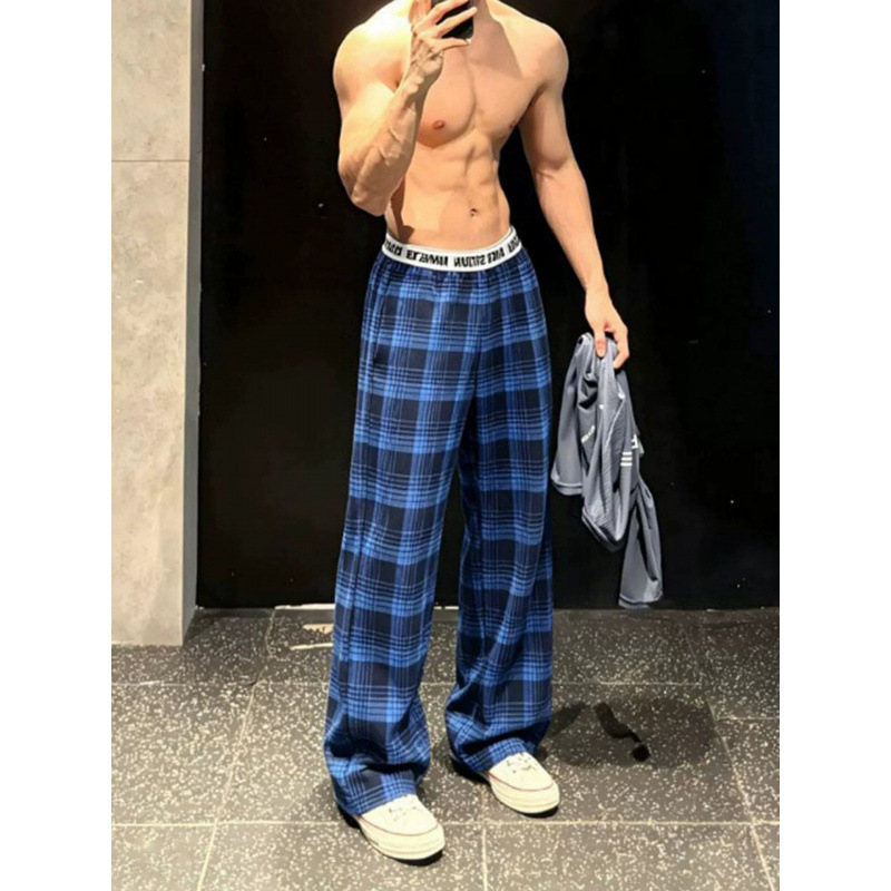 American Retro Blue Checkered Men's Double-Layer Waistband Lettered Tape Loose Straight Wide-Leg Plaid Casual Style Lazy Long Pants