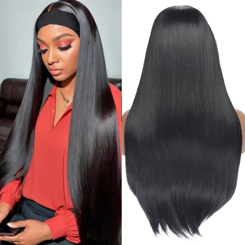 European and American Wig Women's Ice Silk Hairband Black Chemical Fiber Straight Hair Medium Parted Long Hair Full Mechanism Headgear Headband Wig