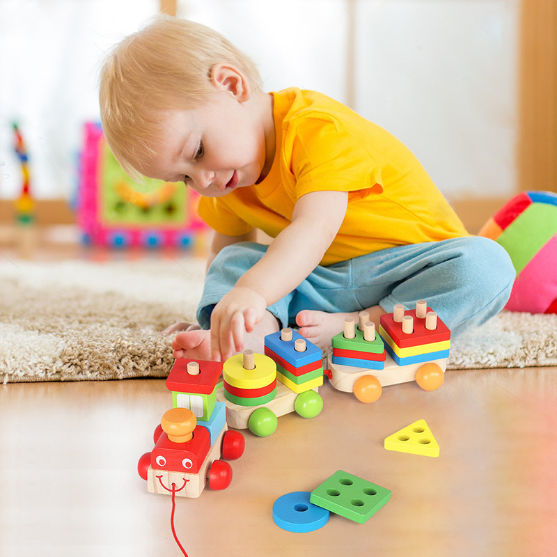 Tren de oruga de madera Tractor de remolque de madera Forma geométrica de madera Trailer de columna Juguetes educativos de iluminación para niños