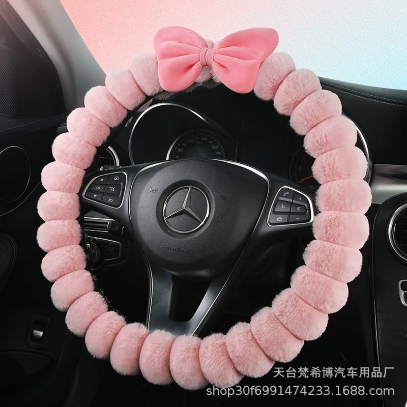 Winter plush cute steering wheel with bow, handle, keep warm set, new collection