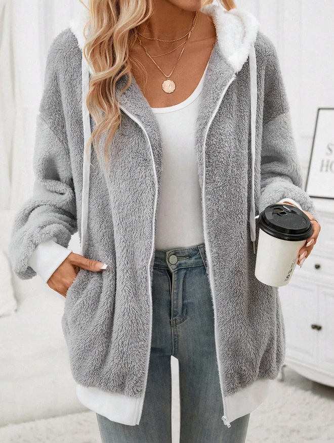 Women's Coat Plush Patchwork Hooded Mid Length Winter Jacket_voghion.com