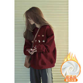 美式复古加绒保暖新年卫衣女冬季爆款慵懒风宽松小个子红色上衣服