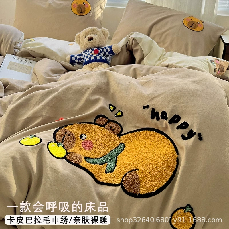 Комплект из четырех предметов из чистого хлопка, новое постельное белье из чистого хлопка 2025 года, пододеяльник с вышивкой полотенец, простыни, комплект из трех предметов для общежития, простыни на подкладке