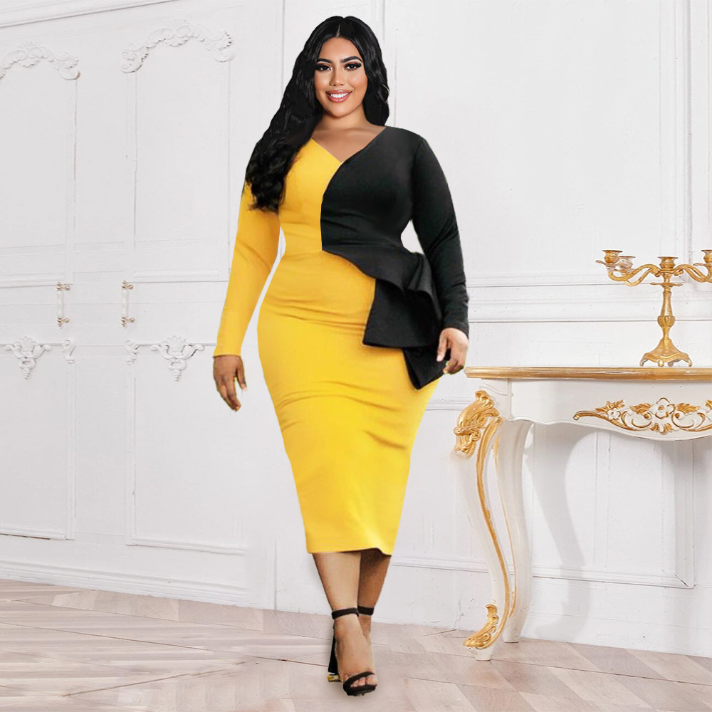 Vêtements pour femmes Robe à volants assortie de couleur grande taille pour femmes Robe de soirée sexy à col en V Robe de soirée jaune_voghion.com