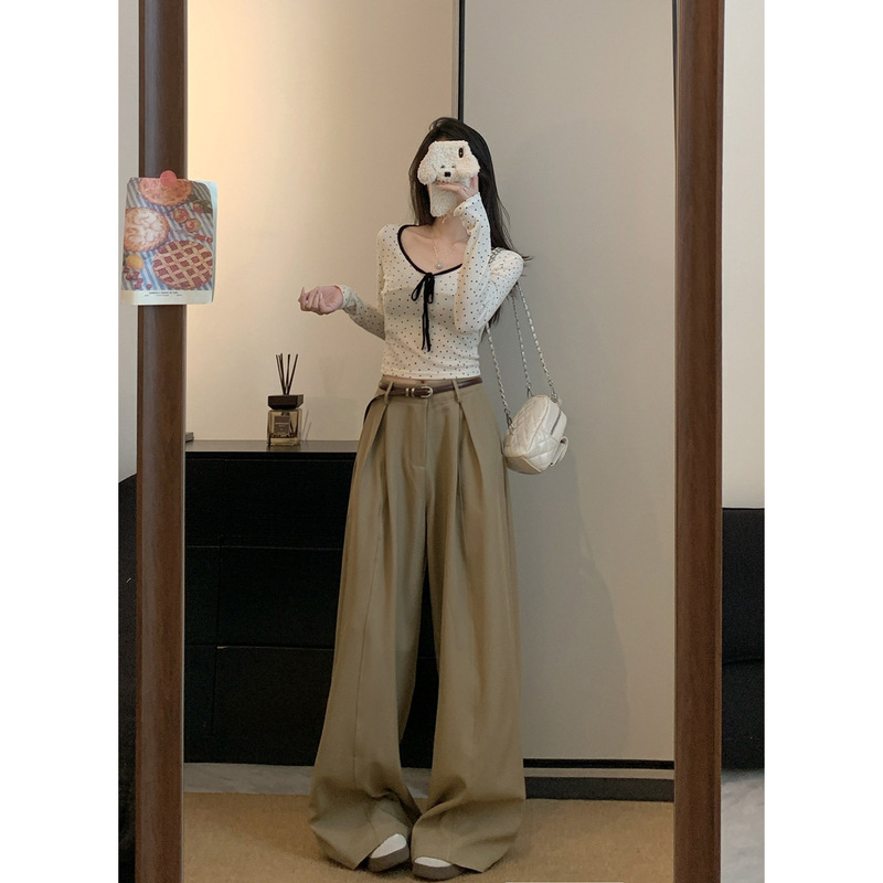 实拍！2025宽松设计感西装裤休闲裤女阔腿裤高腰垂感拖地裤|undefined