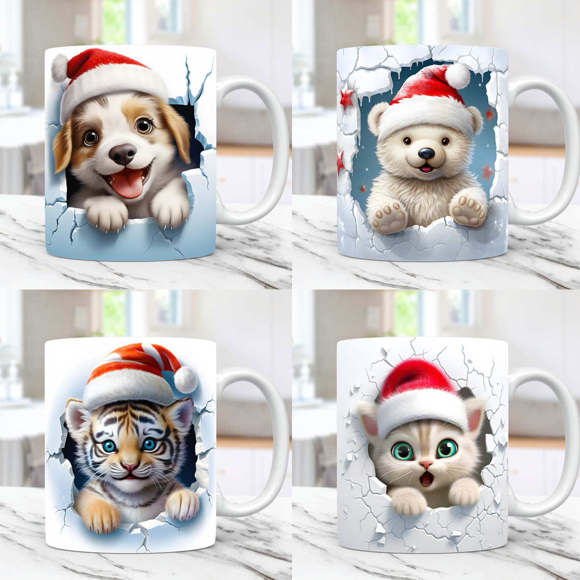 圣诞节新品 3D动物图案 老虎 白熊 小狗 陶瓷咖啡马克杯 朋友礼物