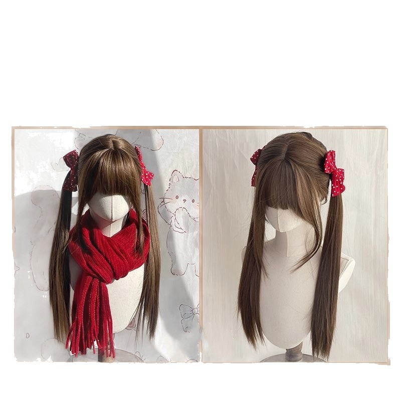 Almond Milk Puff Wig for Women, 75cm Long Straight Lolita Style with Twin Tails and Bangs