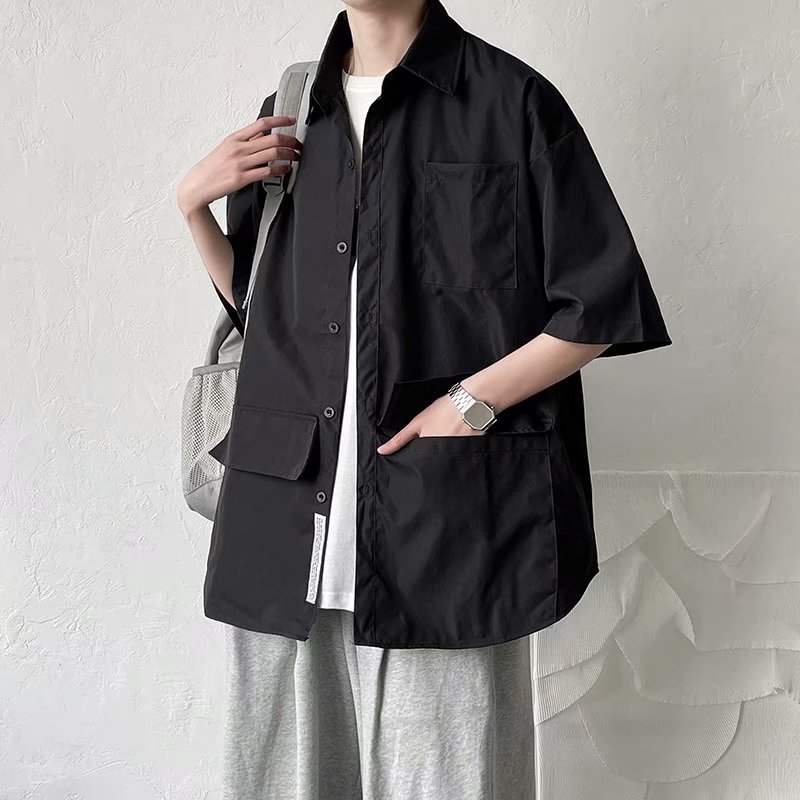 Summer new shirt men's Korean-style trendy ins multi-pocket solid color shirt men's short-sleeved shirt one-piece delivery