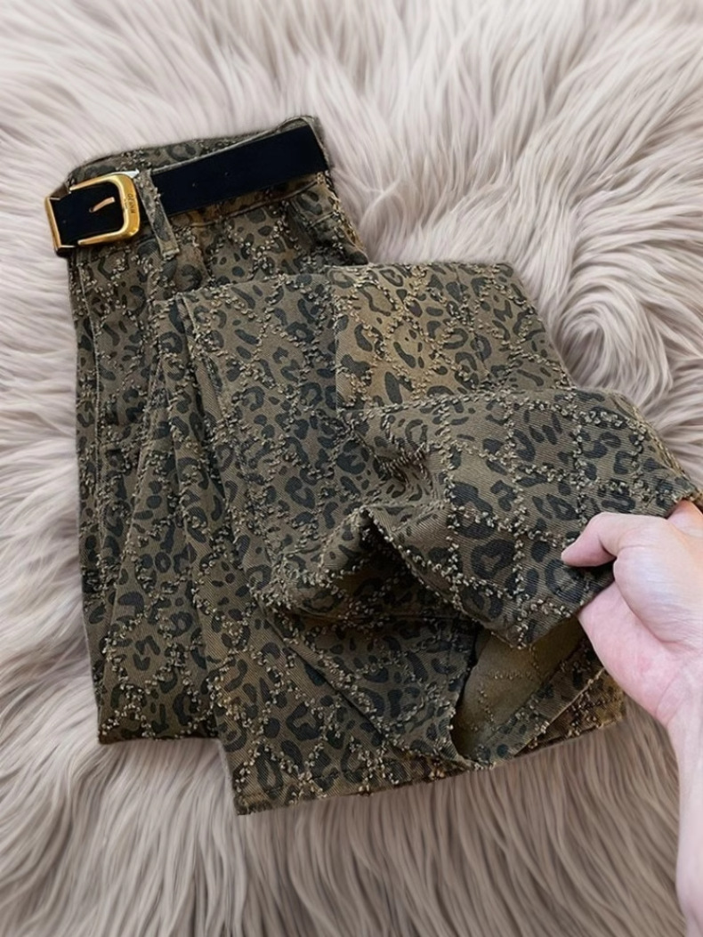Dames jeans hoge taille luipaardprint rechte denim broek stretch_voghion.com