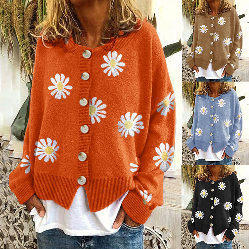 Foreign Trade Cross-border New Autumn and Winter Sweater Women's Small Autumn Chrysanthemum Embroidered Knitted Cardigan Casual Simple Fashion Elegant
