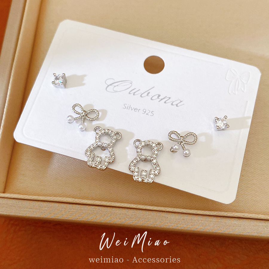 Agujas de plata zircon arco osos personalidad dulce cool versátil pendientes coreanos moda versátil exquisitos pendientes mujeres image 4