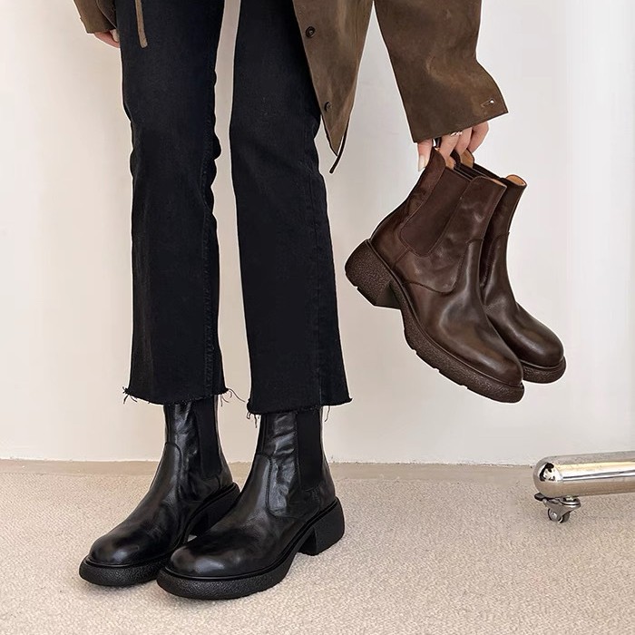 Sheepskin Version~ Genuine Leather Vintage Distressed Wrinkled Thick-soled Short For Women, Black Chimney Boots,_vogvips.com