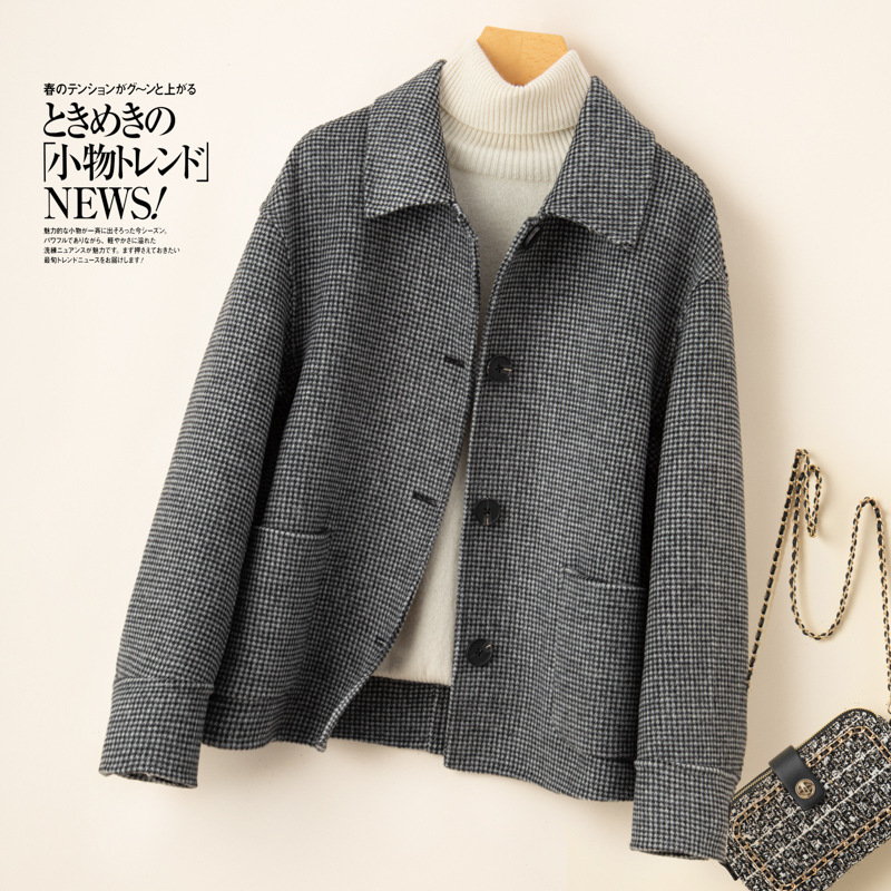New houndstooth double-sided wool woolen coat women's short doll collar small loose plus size woolen coat New houndstooth double-sided wool woolen coat women's short doll collar small loose plus size woolen coat