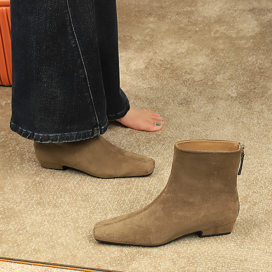 937-1 Korean Retro Style Chunky Heel Martin Ankle With Back Zipper, Suede Square Toe Single Boots, Fashion Short Boots_vogvips.com