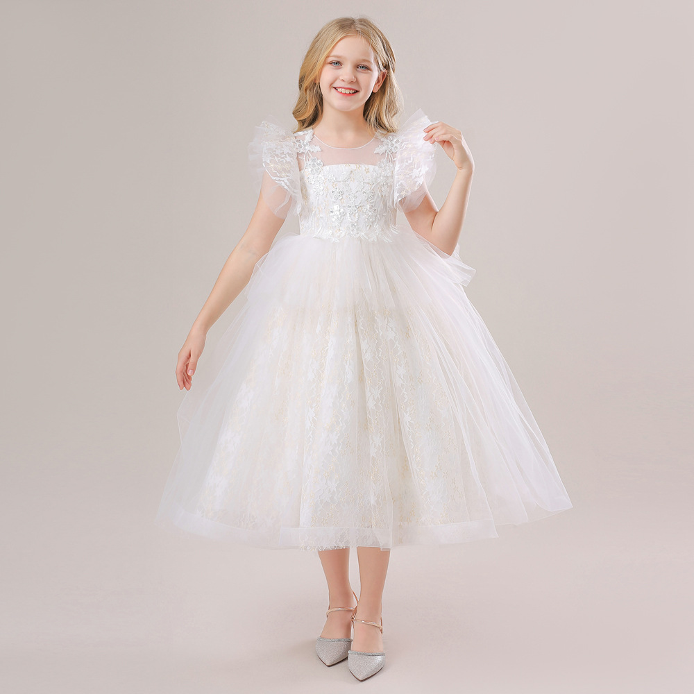 2024 europeo y americano nuevo vestido de las niñas vestido de princesa mullido mediano y grandes niños vestido de malla flor niña vestido de novia