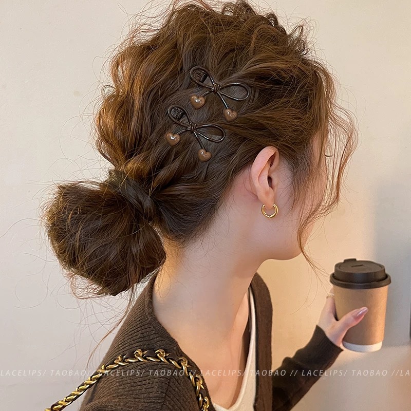 14# coffee color bow love side clip about 5cm [pair]