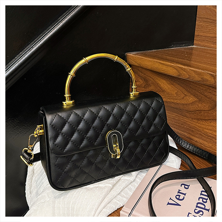 Borsa trapuntata a rombi in stile coreano, borsa a tracolla alla moda di grande capacità con manico in bambù, ideale per gli spostamenti quotidiani._voghion.com