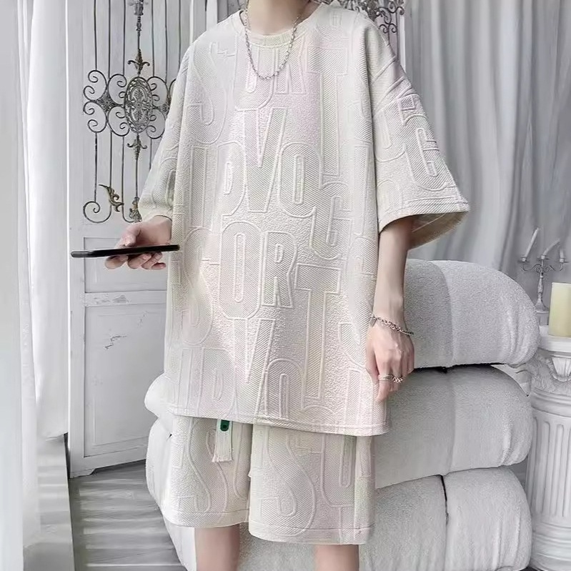 Camiseta de manga corta con gofres de letras para hombres, marca de moda de verano, traje de media manga de gran tamaño suelto