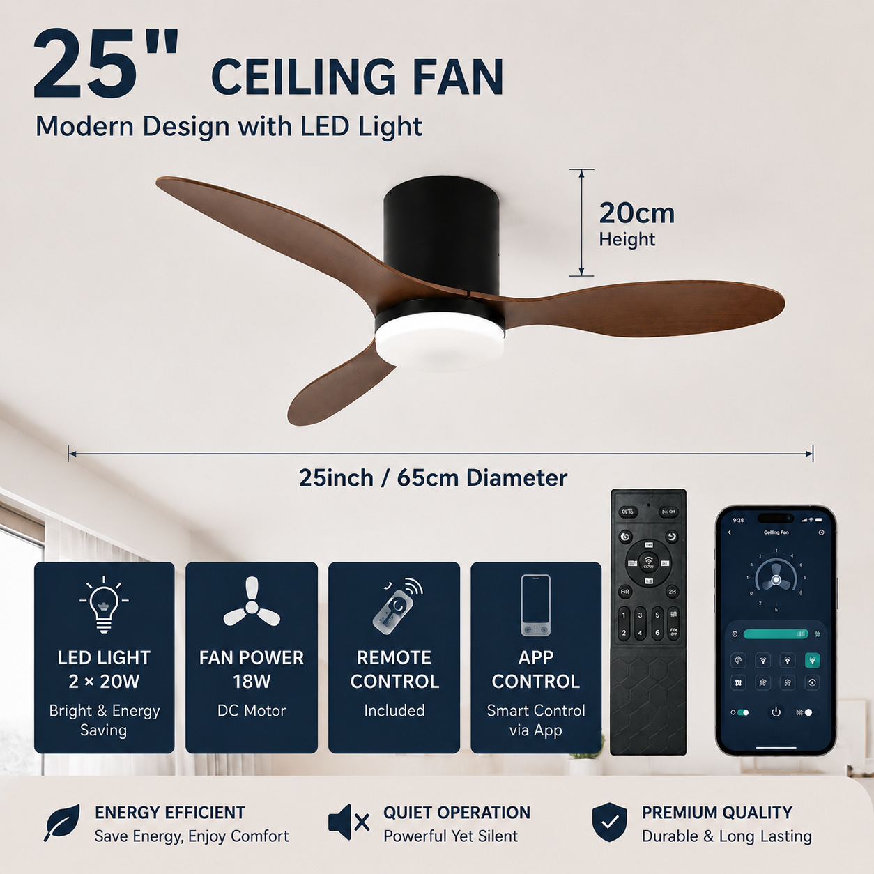 Lámpara Ventilador de Techo Inverter de Plástico ABS Silencioso con Control Remoto para Sala de Estar y Dormitorio