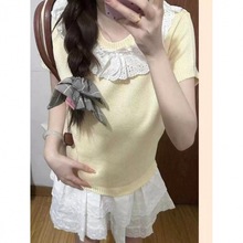 厂家直销奶黄色蕾丝花边蝴蝶结上衣女夏季法式甜美小个子减龄针织