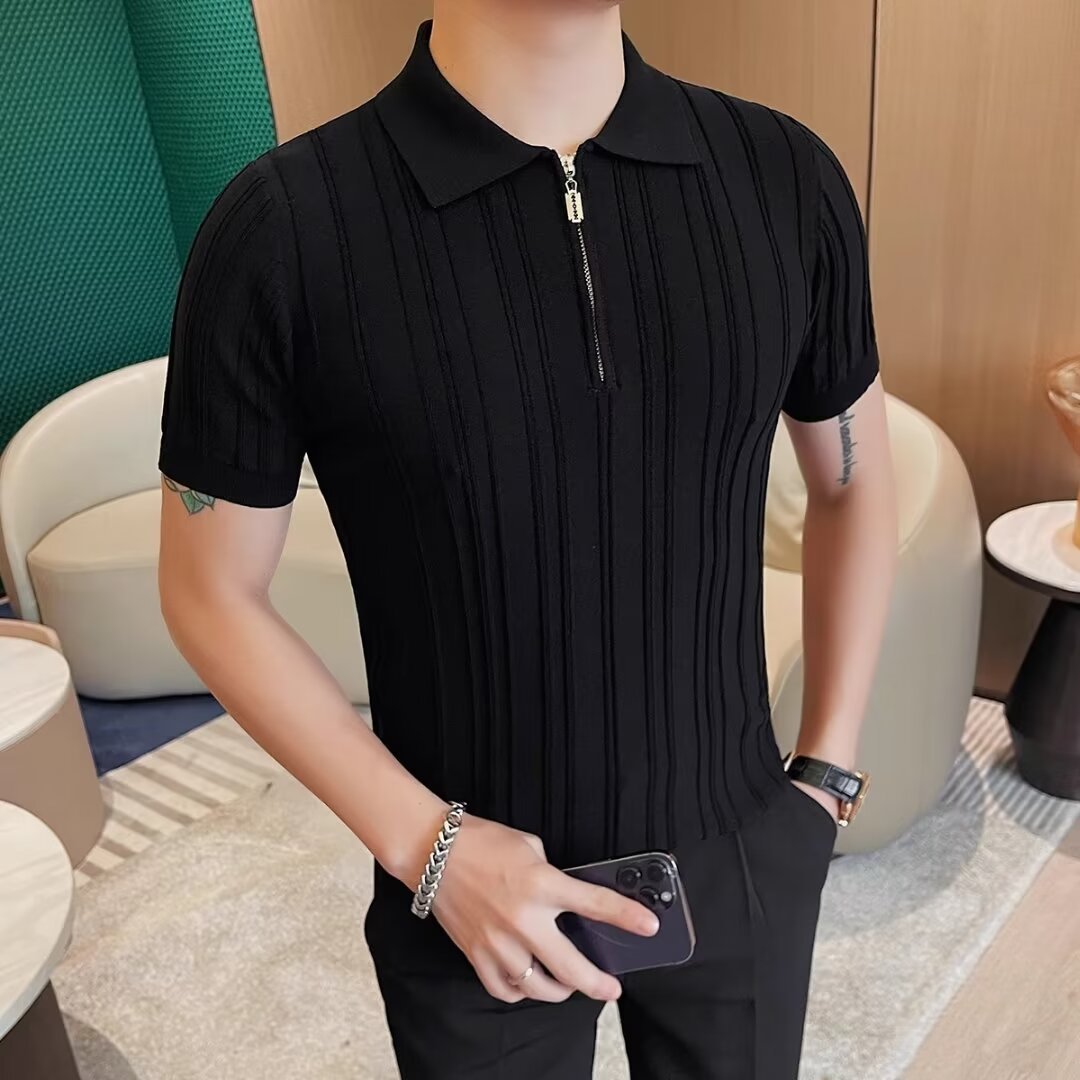 拉链polo衫男短袖夏季针织薄款休闲百搭潮流时尚修身条纹冰丝t恤