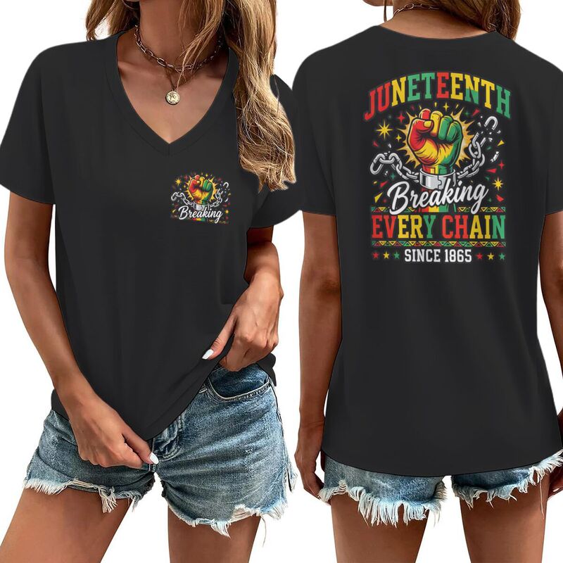 Amazon Juneteenth Black People's Festival Printed Hot-Selling New V-Neck T-Shirt Fashionable Soft Fabric Short-Sleeve Amazon Juneteenth Black People's Festival Printed Hot-Selling New V-Neck T-Shirt Fashionable Soft Fabric Short-Sleeve