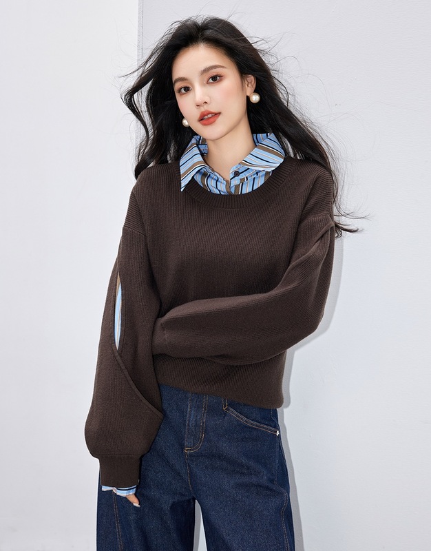 实拍◆有现货◆设计感假两件拼接镂空毛衣女2025冬简约毛针织衫|undefined