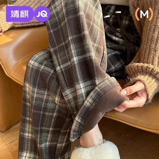 婧麒孕妇格纹阔腿裤冬季加绒加厚无托腹休闲裤小个子外穿保暖长裤