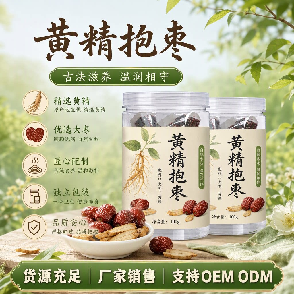 臻选黄精抱枣批发花草茶独立包装去核大枣黄精抱枣100g罐即食蜜饯