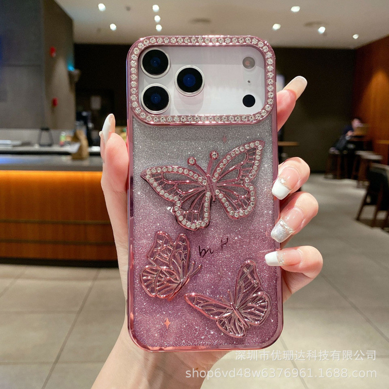 适用iPhone17Promax手机壳创意立体蝴蝶水钻苹果17闪粉防摔保护套|undefined