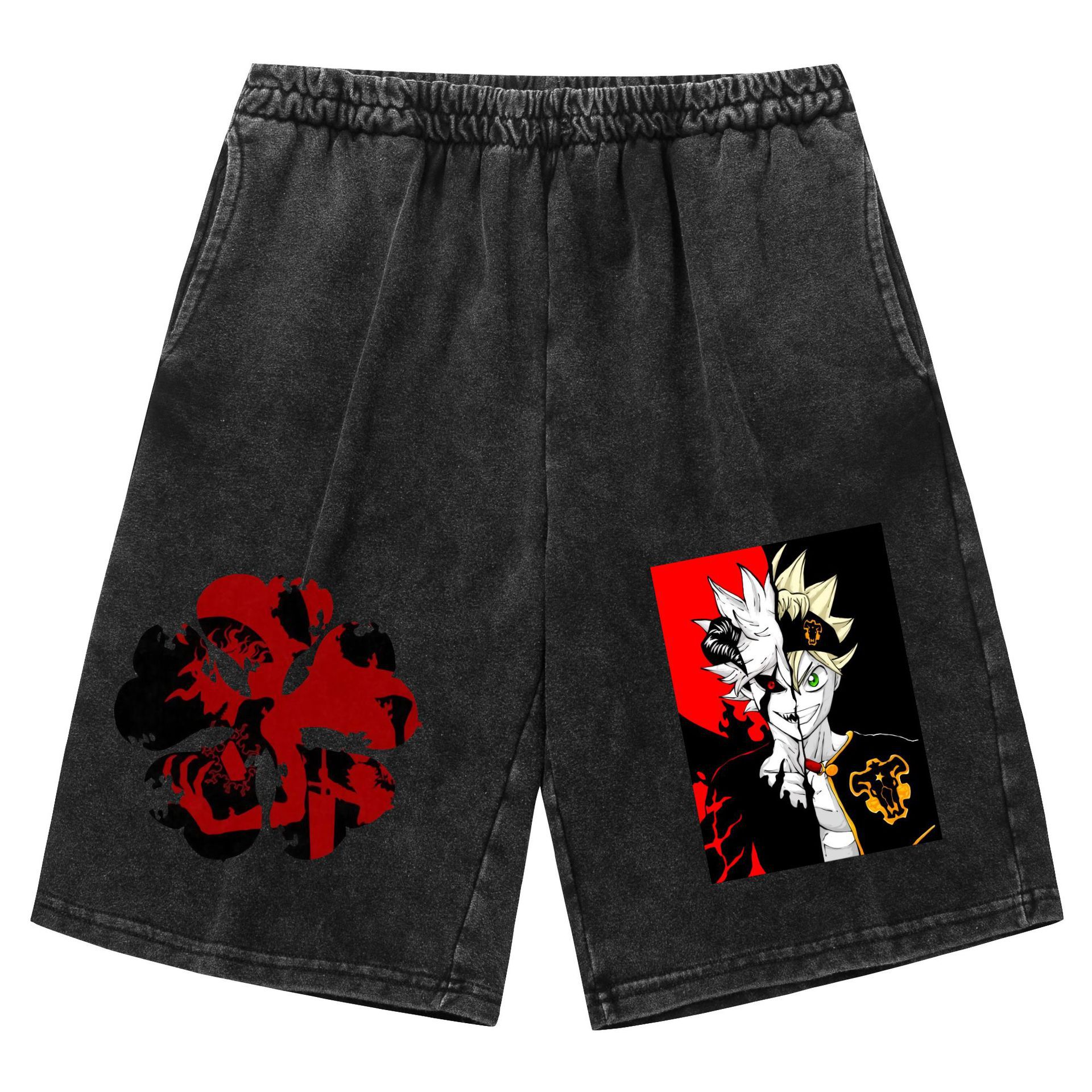 Pantalones cortos retro viejos lavados transfronterizos Trébol de cuatro hojas negro Black Clover venta caliente estampado casual deportes