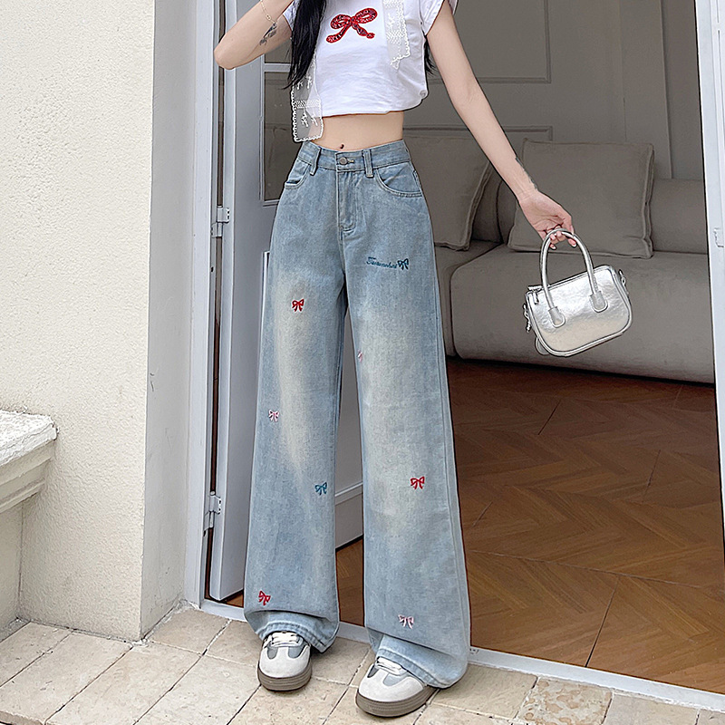 美式高街牛仔裤女蓝色刺绣休闲百搭高腰显瘦宽松直筒阔腿拖地裤子|undefined