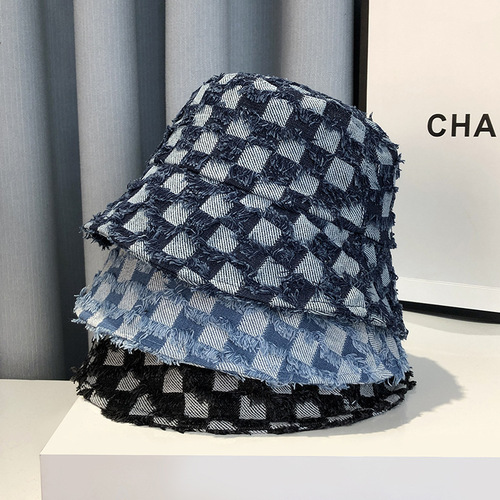 Small-town design checkered fisherman hat for girls, suitable for spring and autumn, versatile, looks face small, bucket hat, simple face covering, trendy
