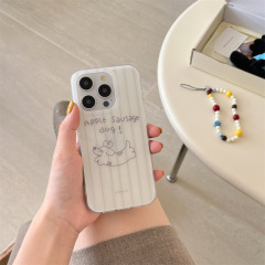 ストライプ柄の漫画風子犬とチェーン付き、iPhone17ProMax、Apple 15/14/13対応のシンプルな女性向けスマホケース