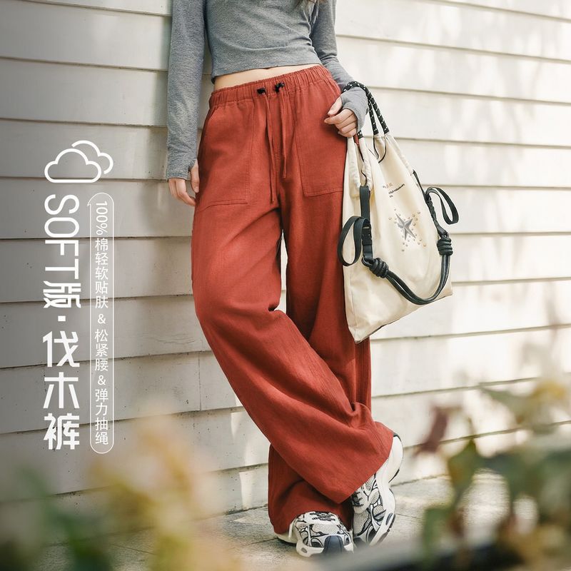 Madden Orange Large Pocket Thin Elastic Waist Loose Straight-Leg Work Pants Pure Cotton Casual Long Pants for Women