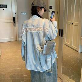 韩系条纹衬衫女夏季蕾丝镂空衬衣外套设计感小众薄款新品开衫上衣