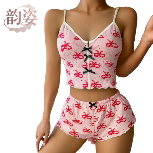 Cross-Border Jacquard Short-Sleeved Shorts Underwear 2026 Autumn and Winter Sexy Pajamas Two-Piece Set Women's Home Wear Wholesale Cross-Border Jacquard Short-Sleeved Shorts Underwear 2026 Autumn and Winter Sexy Pajamas Two-Piece Set Women's Home Wear Wholesale