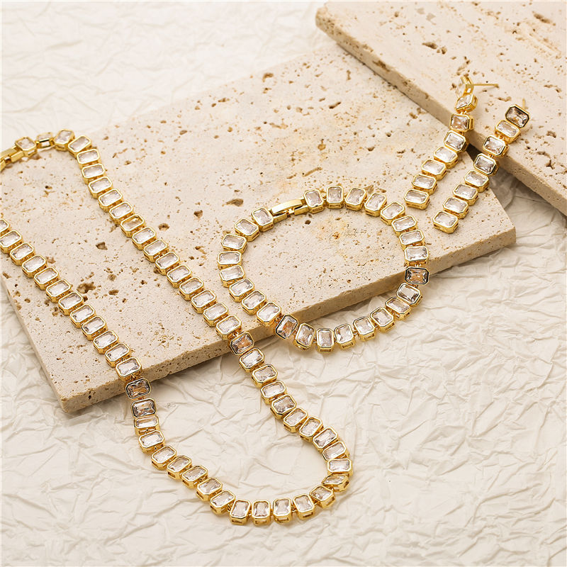 8g Weight Zircon Inlay Material Bracelets, Earrings, Necklace Classification Jewelry Set Quantity Daily Occasion Copper Material Geometric Pattern Women'S Gender Plating Design Fashion Style Fashion Geometric Copper Zircon Bracelets Earrings Necklace In Bulk 无