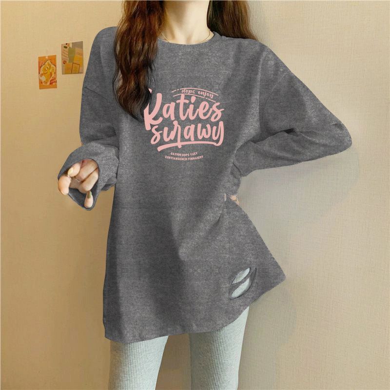 2026 Autumn/Winter Pure Cotton Gray Base Shirt for Women, Korean Style, Age-Reducing, Mid-Length, Covers the Hips, Long-Sleeved, Loose, Ripped T-Shirt