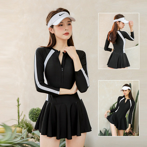 New Women's Professional Sports One-piece Straight Hem Conservative Slimming Belly Covering Student Long Sleeve Hot Spring Swimsuit