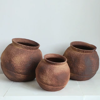 侘寂风粗陶花器禅意花瓶插干花中古花瓶手工陶罐陶瓷日式装饰摆件