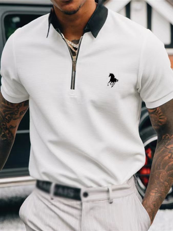 Camiseta Polo Casual de Manga Corta con Cuello Polo, Estilo Europeo y Americano, a Rayas Caqui, en Existencia, Popular en Europa y América