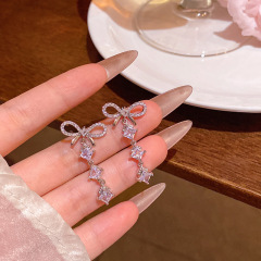 韩系甜美精致微镶锆石蝴蝶结耳钉轻奢小众高级感长款流苏耳环耳饰