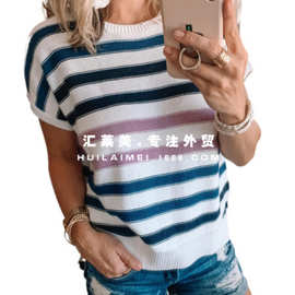 2021夏季新款欧美外贸女式大码个性时尚拼接针织短袖T恤打底衫女