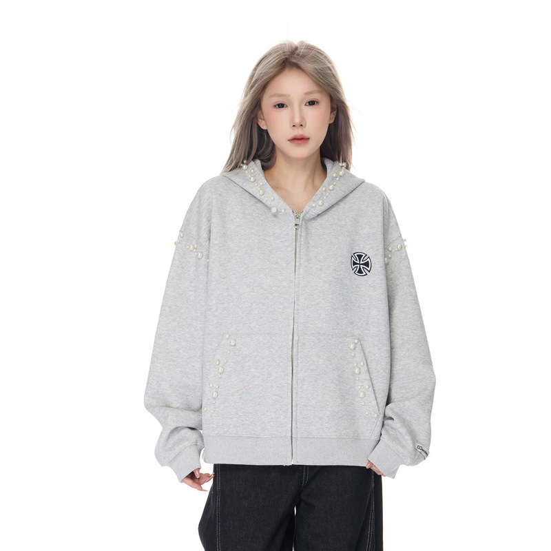 潮牌vibe设计感珍珠字母开衫连帽卫衣宽松休闲男女款钉珠个性外套|undefined