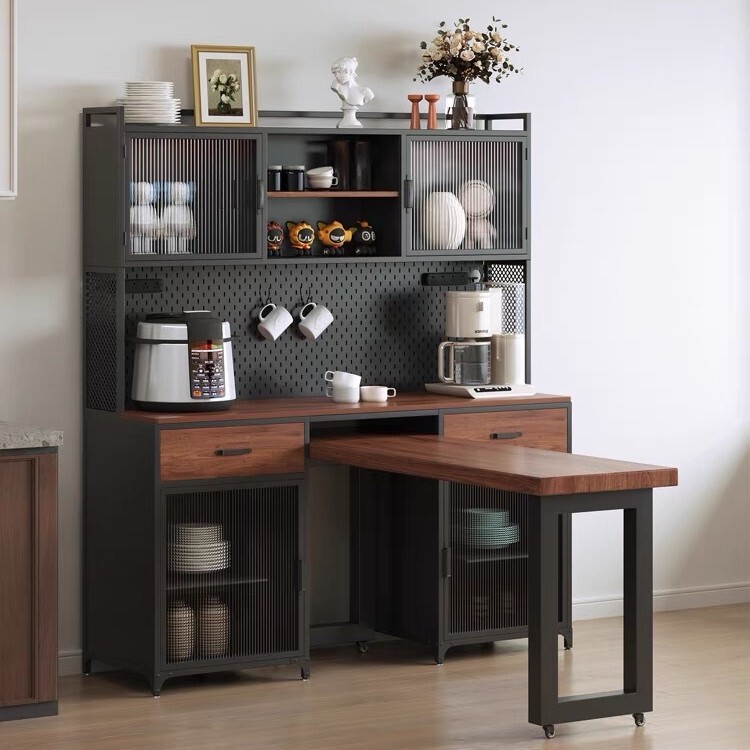 Industrial Style Sideboard Dining Table Can Be Embedded with Retractable Table Solid Wood Iron Restaurant Wall Storage Cabinet Coffee Tea Cabinet